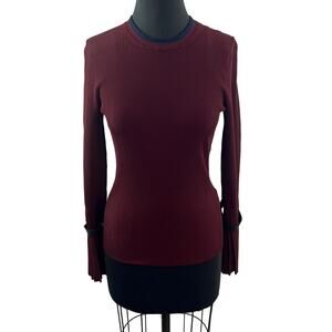 3.1 Phillip Lim Burgundy Ribbed Top Long Sleeves Pleated Cuffs Crewneck Size S
